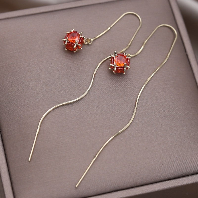 Korea Design Jewelry 14K Gold plated Square Zircon Round Ball Pendant Earrings Elegant Women's Long Slim Accessories