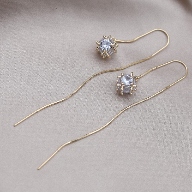 Korea Design Jewelry 14K Gold plated Square Zircon Round Ball Pendant Earrings Elegant Women's Long Slim Accessories