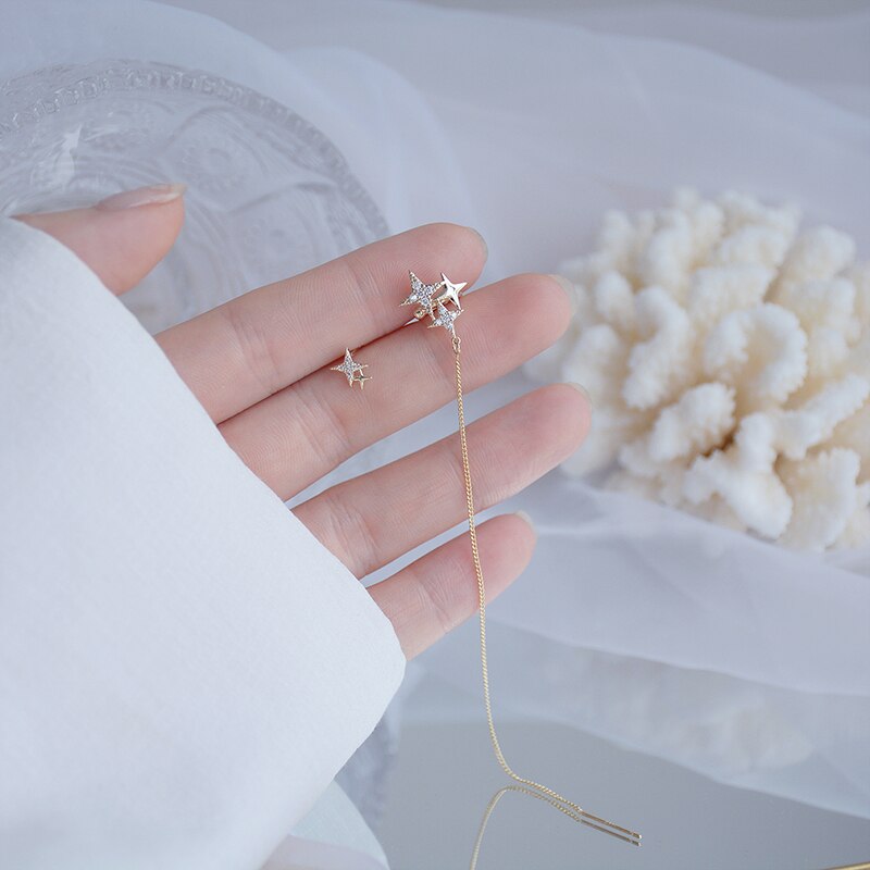 Korea Design Jewelry 14K Gold plated Zircon Asymmetric Star Chain Earring Elegant Women Wedding Accessories Pendant