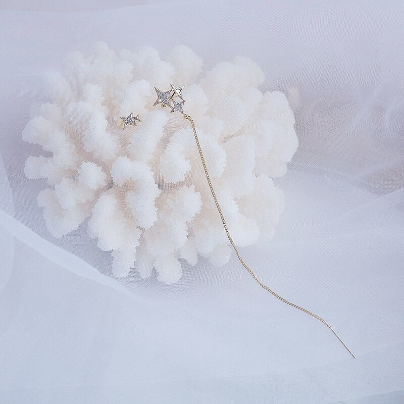 Korea Design Jewelry 14K Gold plated Zircon Asymmetric Star Chain Earring Elegant Women Wedding Accessories Pendant