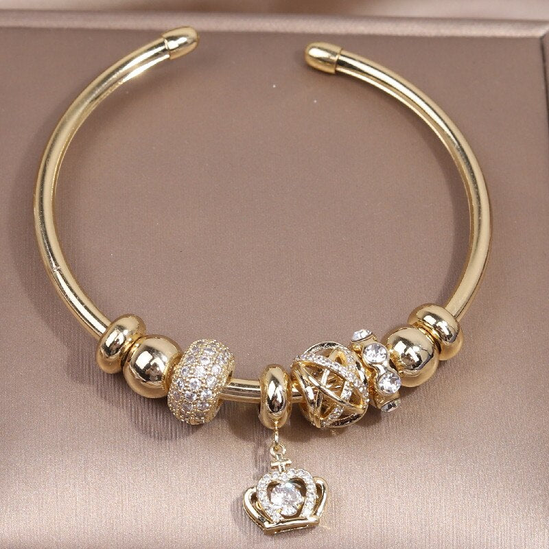 Korea Design Jewelry Bead Zircon Crown Pendant Bracelet Elegant Women's Open Wedding Accessories