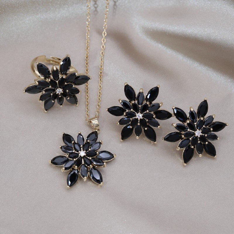Korea Design Jewelry Copper Set Zircon Black Flower Earrings Necklace Ring Elegant Women's Prom Party Accessories