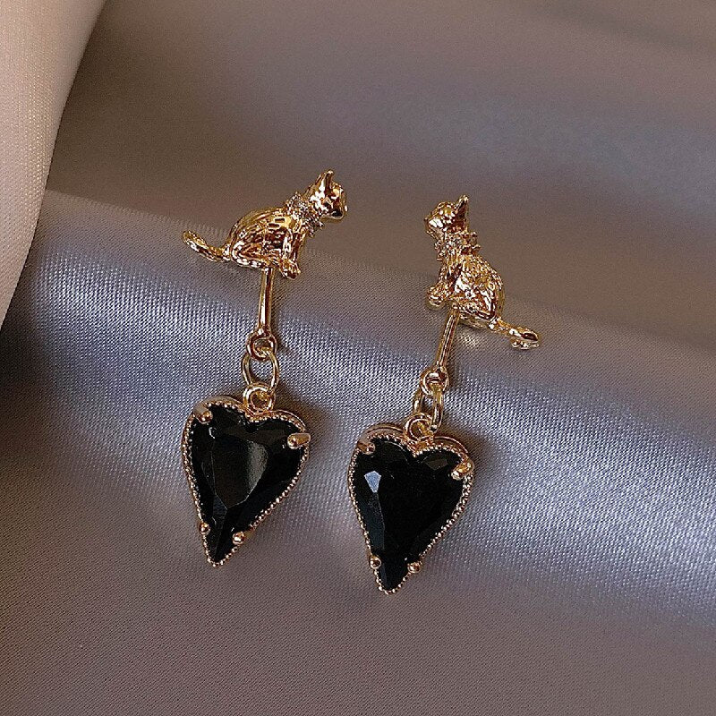 Korea Design Jewelry Cute Cat Black Crystal Love Pendant Earrings Elegant Women's Daily Work Accessories
