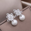 Korea Design Jewelry Delicate Copper Set Zircon Leaf Pearl Pendant Earrings Elegant Women's Party Accessories