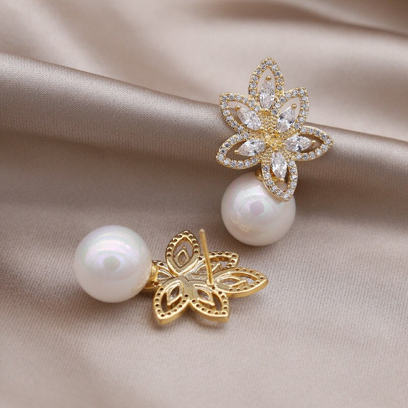 Korea Design Jewelry Delicate Copper Set Zircon Leaf Pearl Pendant Earrings Elegant Women's Party Accessories