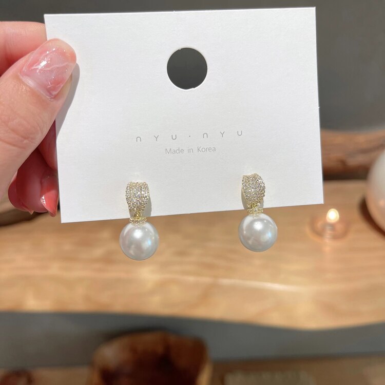 Korea Design Jewelry Exquisite Copper Set Zircon Pearl Pendant Earrings Elegant Women Gala Party Accessories