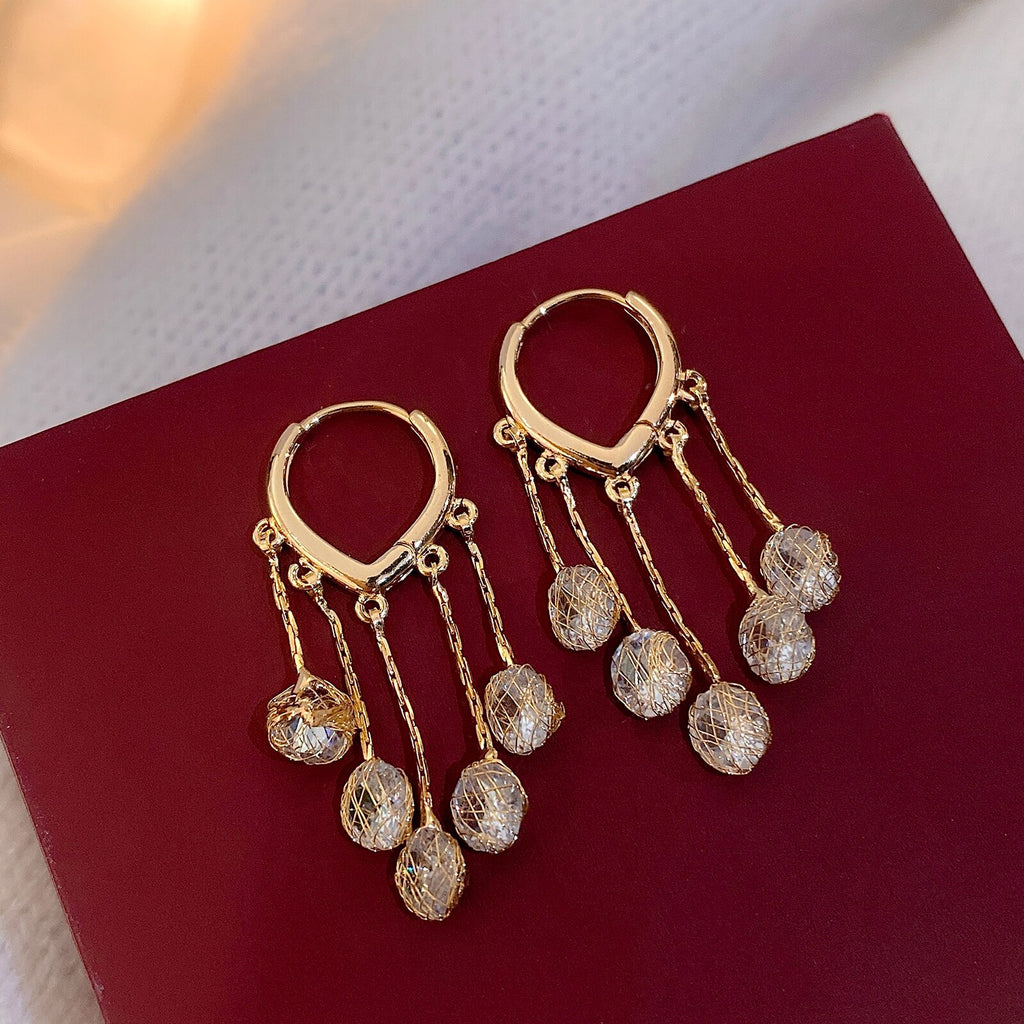 Korea Design Jewelry Love Heart Net Crystal Tassel Pendant Earrings Elegant Women's Prom Party Accessories