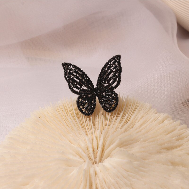 Korea Design Jewelry  Black Zircon Big Butterfly Ring Earrings Necklace Elegant Women's Prom Party Accessories