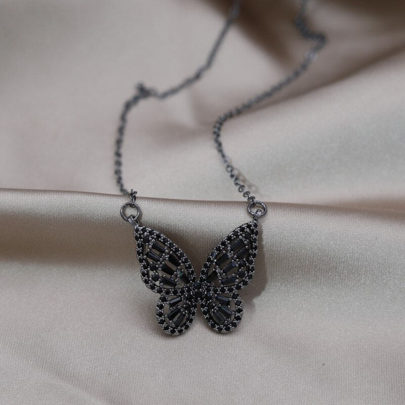 Korea Design Jewelry  Black Zircon Big Butterfly Ring Earrings Necklace Elegant Women's Prom Party Accessories