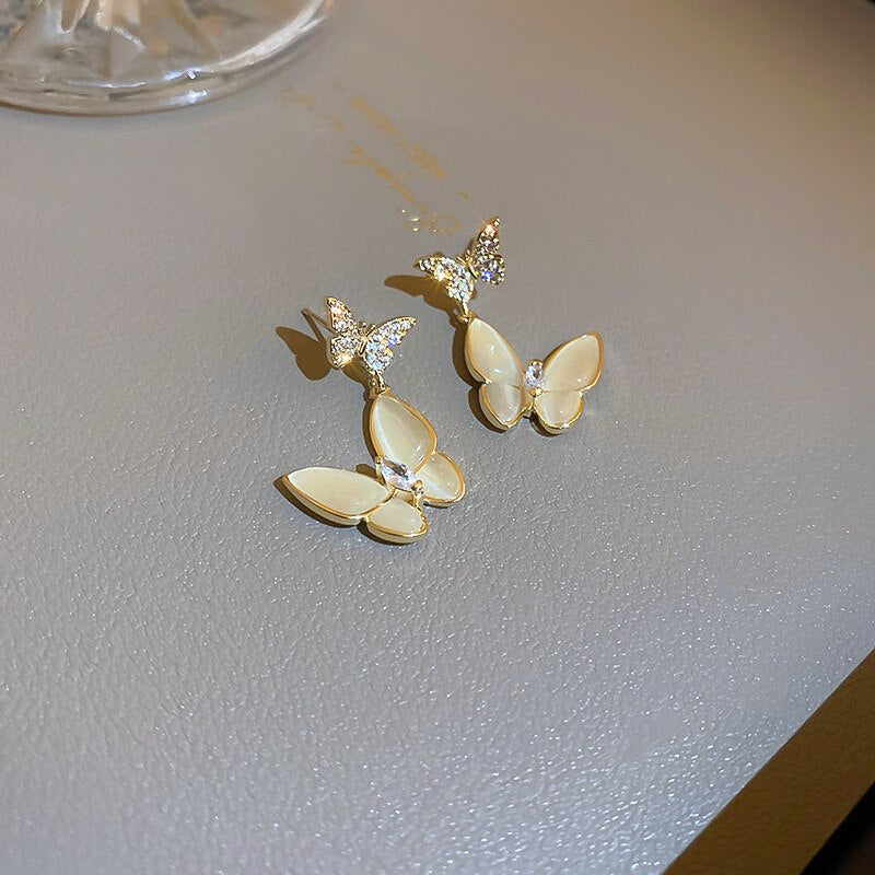 Korea Design Jewelry  Double Butterfly Zircon Opal Pendant Earrings Elegant Women Prom Party Accessories