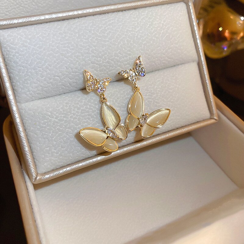 Korea Design Jewelry  Double Butterfly Zircon Opal Pendant Earrings Elegant Women Prom Party Accessories