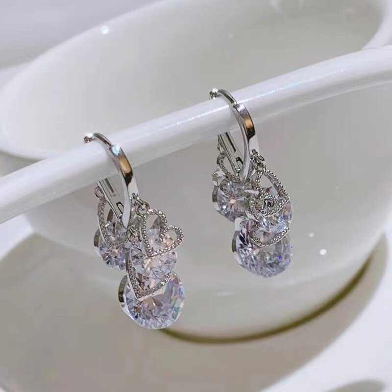 Korea Design Jewelry  Love Zircon Pendant Earrings Elegant Women Prom Party Accessories