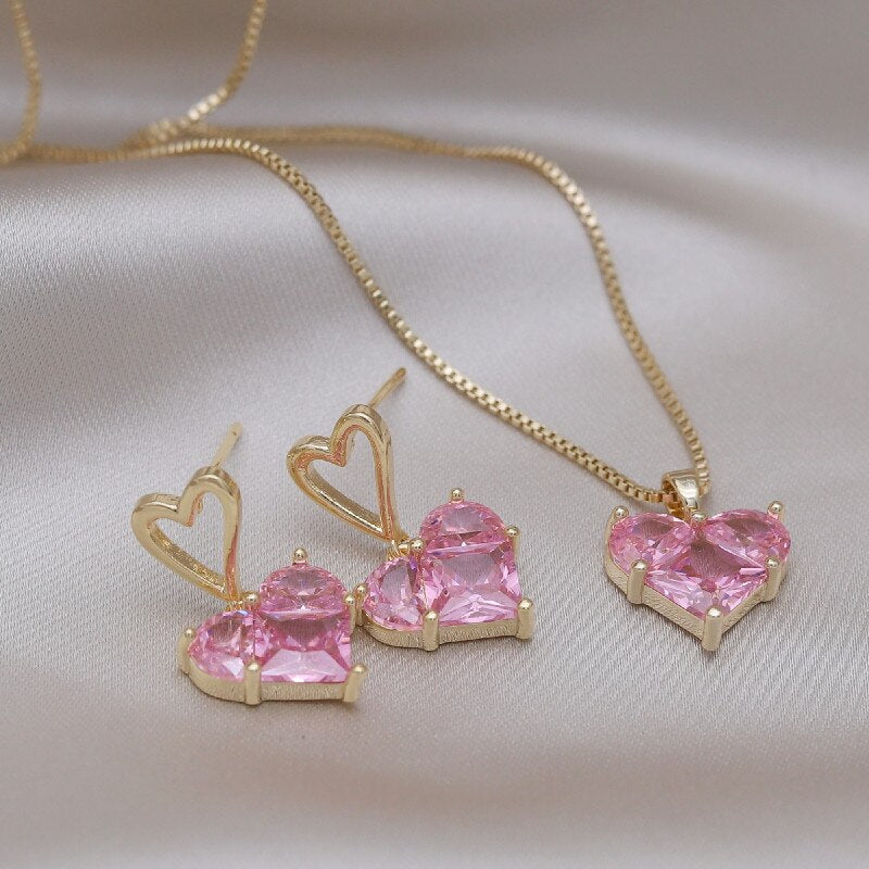 Korea Design Jewelry  Pink Love Zircon Earrings Necklace Elegant Women Wedding Party Accessories