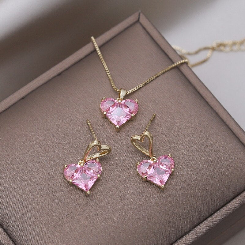 Korea Design Jewelry  Pink Love Zircon Earrings Necklace Elegant Women Wedding Party Accessories