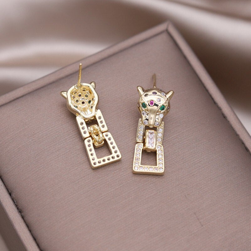 Korea Design Jewelry  Zircon Animal Leopard Square Pendant Earrings Elegant Women's Daily Work Accessories