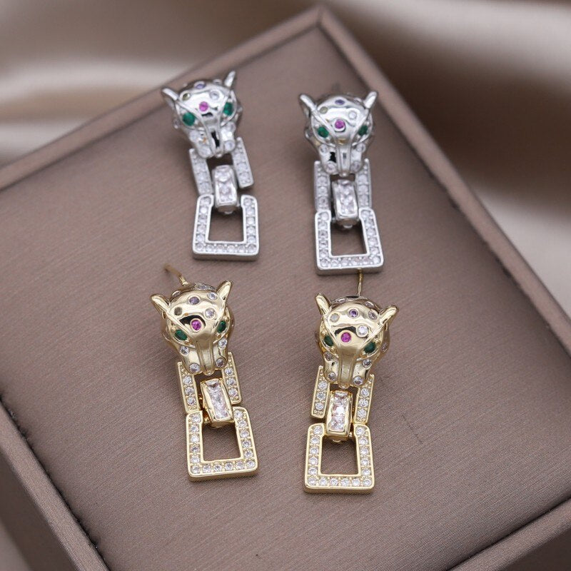 Korea Design Jewelry  Zircon Animal Leopard Square Pendant Earrings Elegant Women's Daily Work Accessories