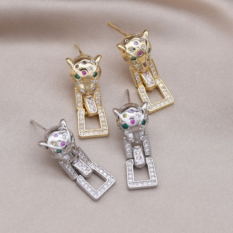 Korea Design Jewelry  Zircon Animal Leopard Square Pendant Earrings Elegant Women's Daily Work Accessories