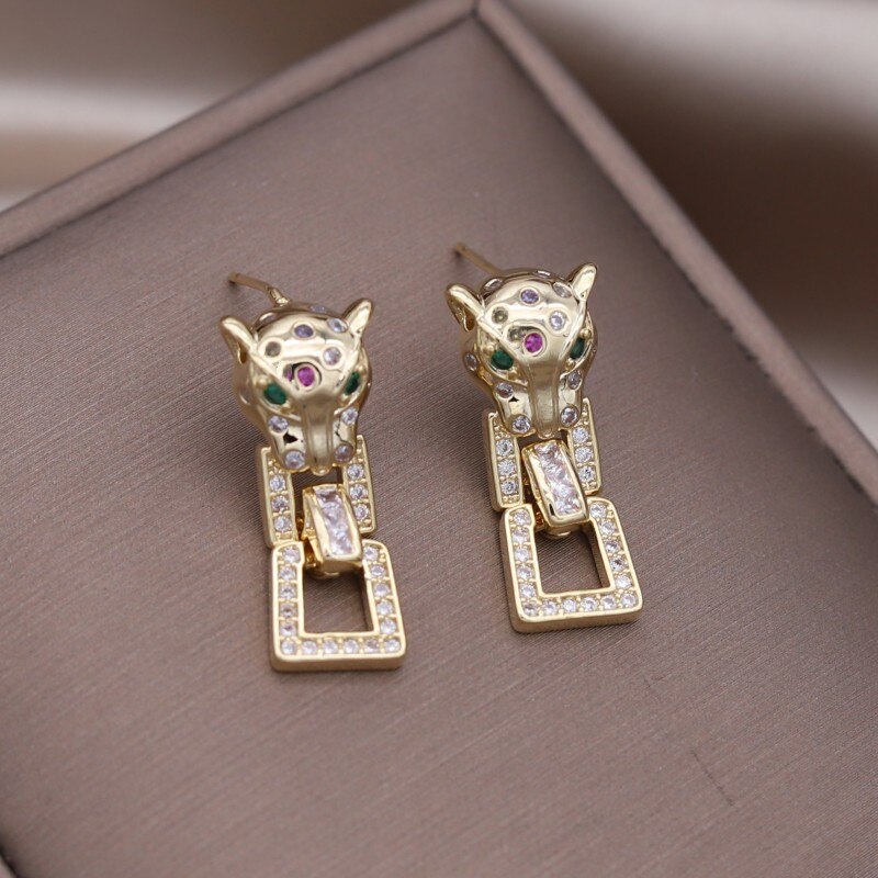 Korea Design Jewelry  Zircon Animal Leopard Square Pendant Earrings Elegant Women's Daily Work Accessories
