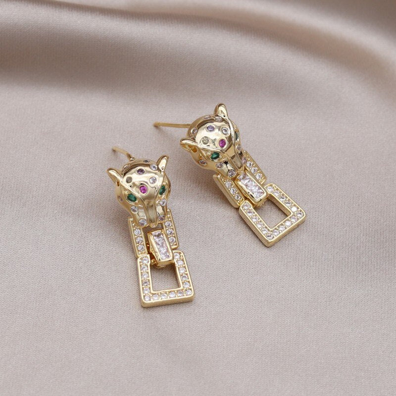 Korea Design Jewelry  Zircon Animal Leopard Square Pendant Earrings Elegant Women's Daily Work Accessories