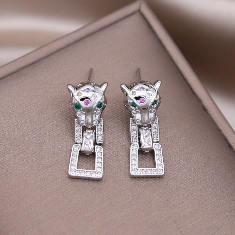 Korea Design Jewelry  Zircon Animal Leopard Square Pendant Earrings Elegant Women's Daily Work Accessories