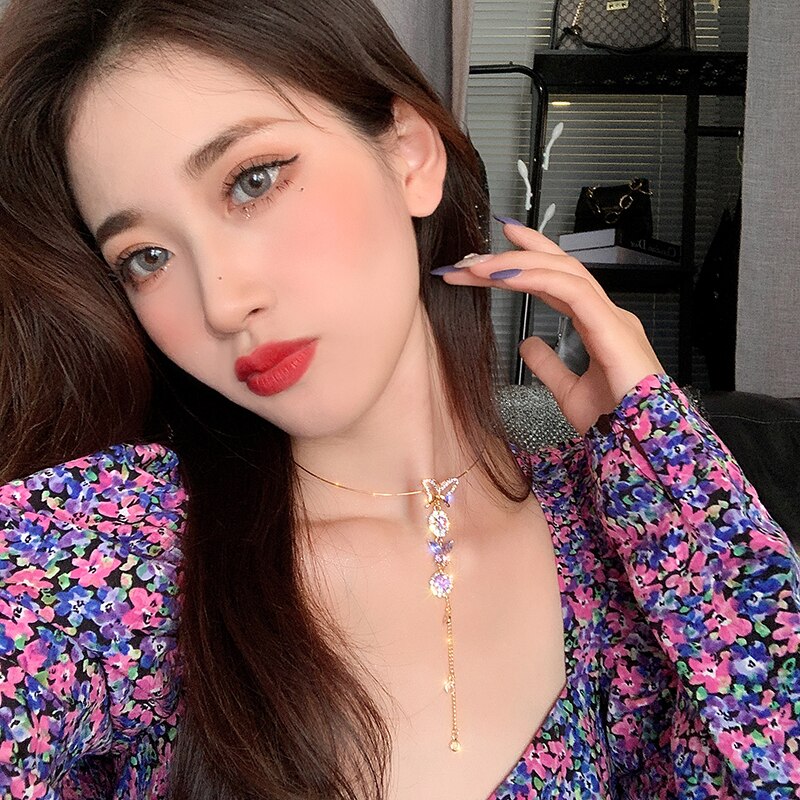 Korea Design Jewelry  Necklace Sexy Long Pendant Color Butterfly Crystal Female Banquet Necklace