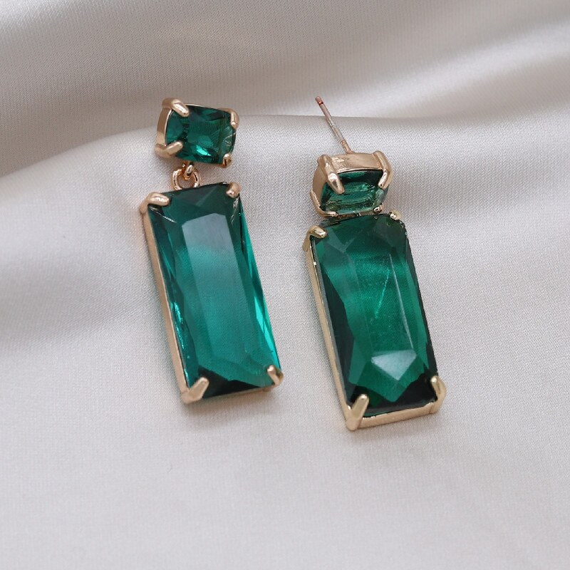 Korea Design Jewelry Simple Double Rectangle Crystal Glass Pendant Earrings  Women's Party Accessories