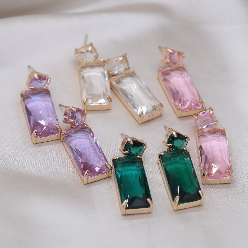 Korea Design Jewelry Simple Double Rectangle Crystal Glass Pendant Earrings  Women's Party Accessories