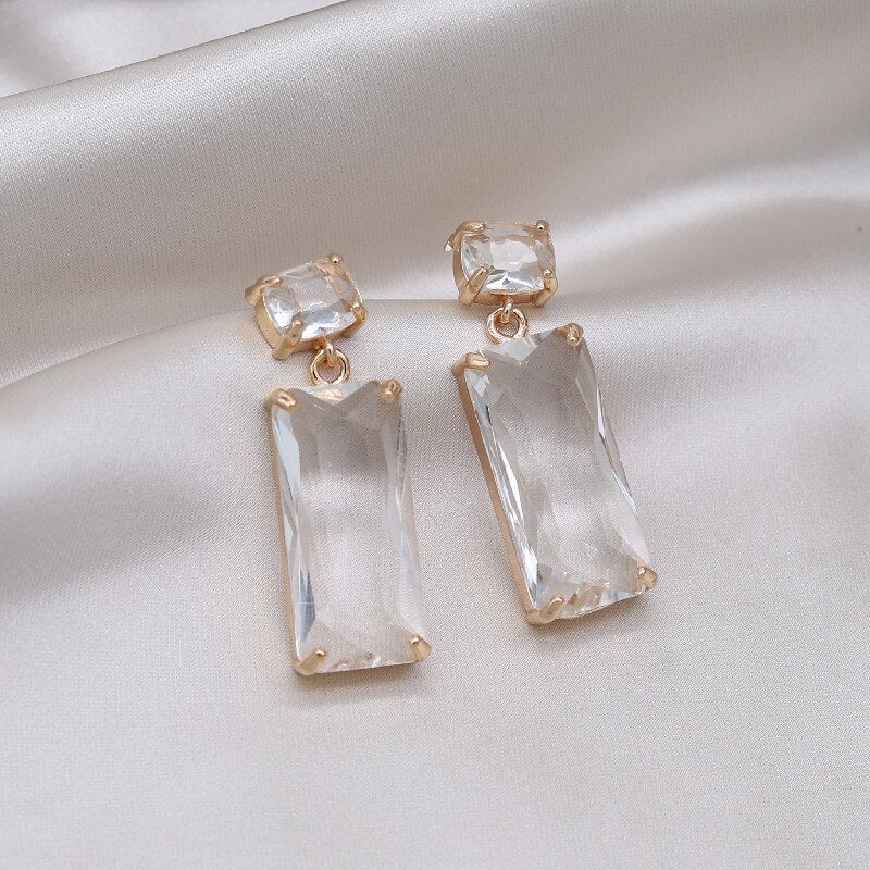 Korea Design Jewelry Simple Double Rectangle Crystal Glass Pendant Earrings  Women's Party Accessories