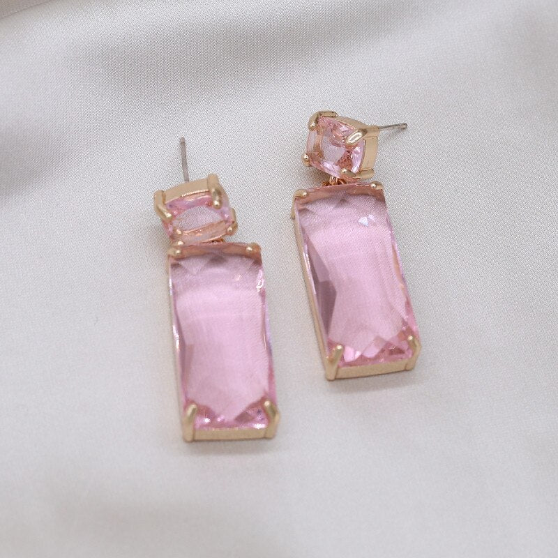 Korea Design Jewelry Simple Double Rectangle Crystal Glass Pendant Earrings  Women's Party Accessories