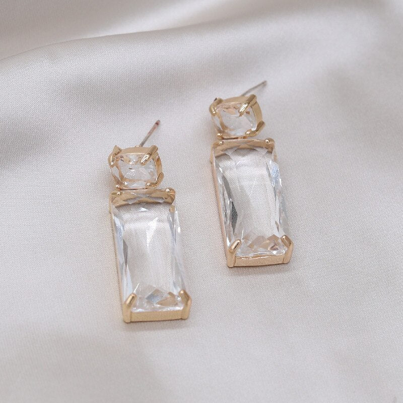 Korea Design Jewelry Simple Double Rectangle Crystal Glass Pendant Earrings  Women's Party Accessories