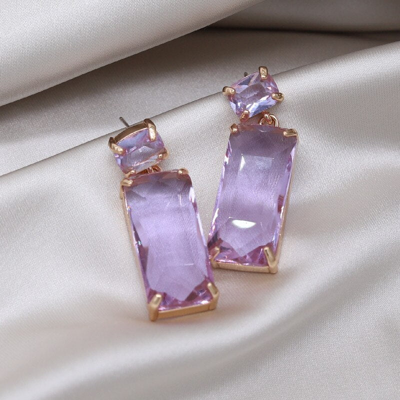 Korea Design Jewelry Simple Double Rectangle Crystal Glass Pendant Earrings  Women's Party Accessories