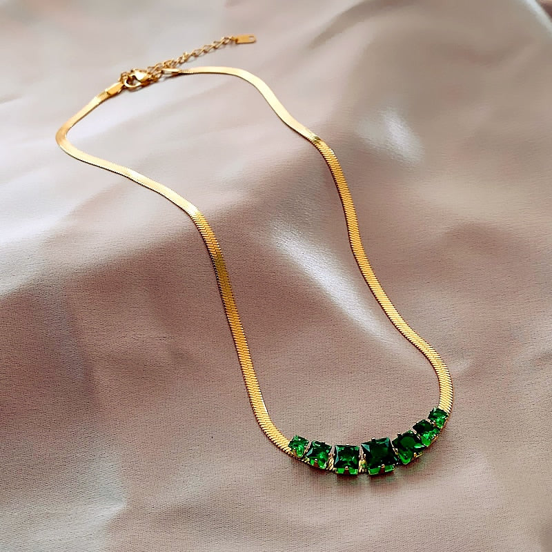 Korea Design Jewelry Simple Green Crystal Pendant Necklace Bracelet Elegant Women Party Accessories