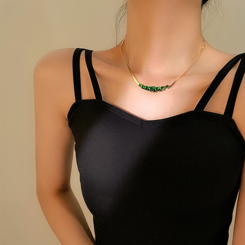 Korea Design Jewelry Simple Green Crystal Pendant Necklace Bracelet Elegant Women Party Accessories