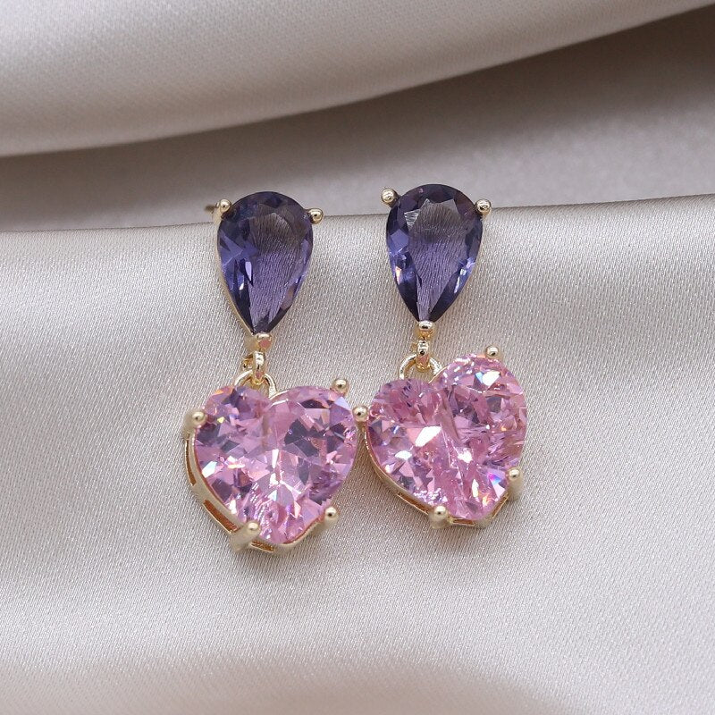 Korea Design Jewelry Simple Purple Crystal Water Drops Pink Zircon Love Pendant Earrings Sweet Women's Party Earring