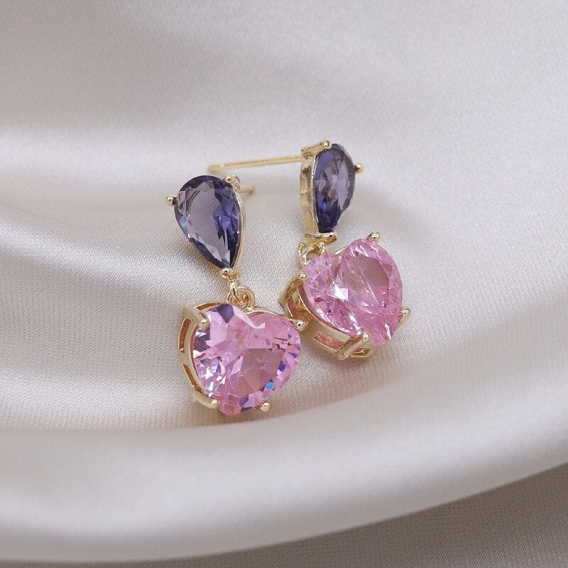 Korea Design Jewelry Simple Purple Crystal Water Drops Pink Zircon Love Pendant Earrings Sweet Women's Party Earring