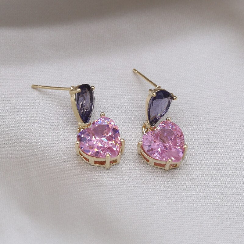 Korea Design Jewelry Simple Purple Crystal Water Drops Pink Zircon Love Pendant Earrings Sweet Women's Party Earring