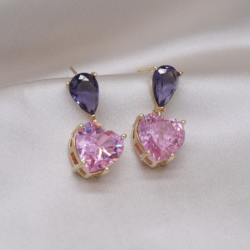Korea Design Jewelry Simple Purple Crystal Water Drops Pink Zircon Love Pendant Earrings Sweet Women's Party Earring