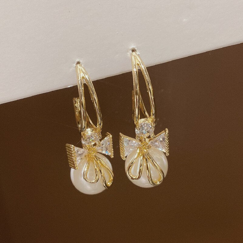 Korea Design Jewelry Sweet Elegant Bow Zirconia Pearl Pendant Earrings Women's Prom Party Accessories