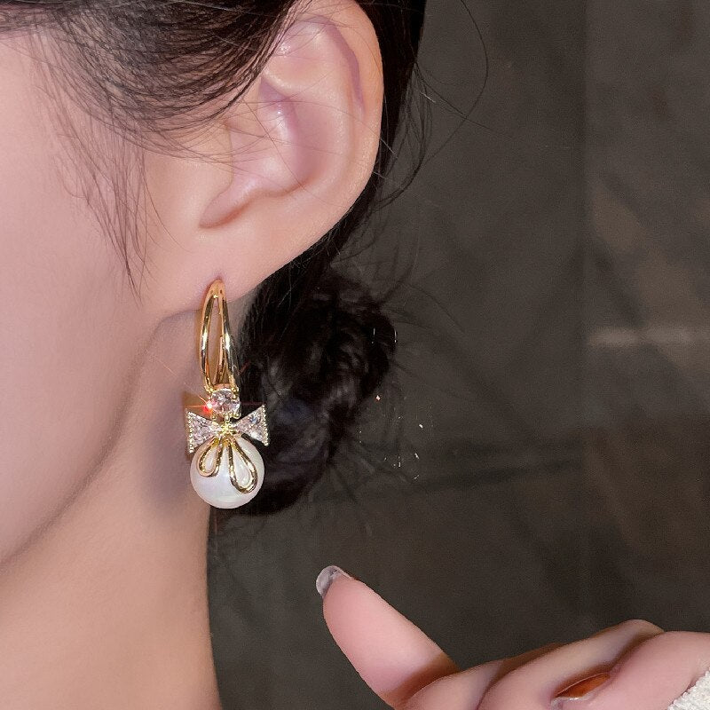 Korea Design Jewelry Sweet Elegant Bow Zirconia Pearl Pendant Earrings Women's Prom Party Accessories