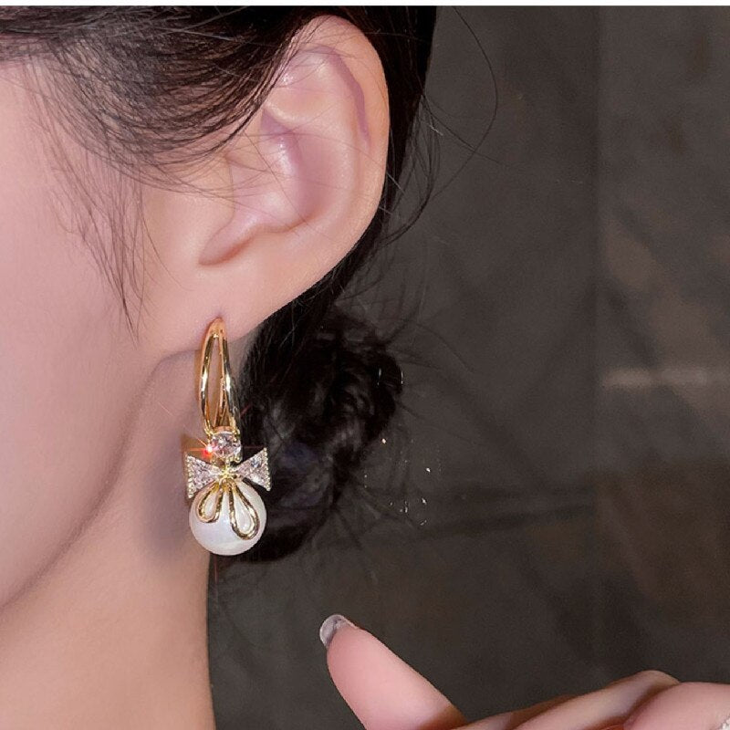 Korea Design Jewelry Sweet Elegant Bow Zirconia Pearl Pendant Earrings Women's Prom Party Accessories