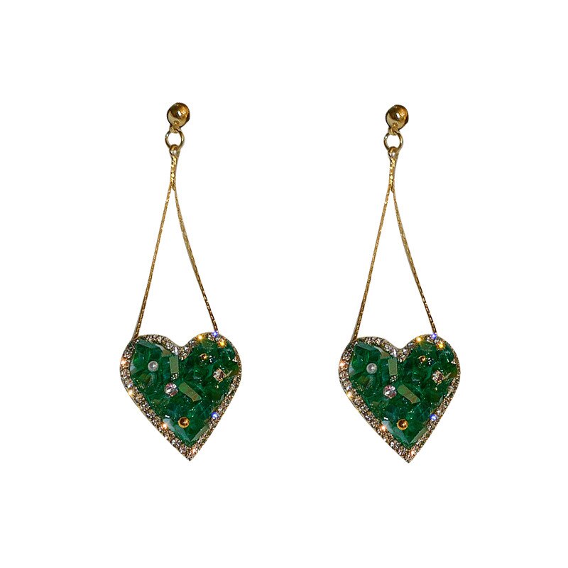 Korea Design Jewelry Sweet Green Love Heart Crystal Pendant Earrings  Women's Gala Party Accessories