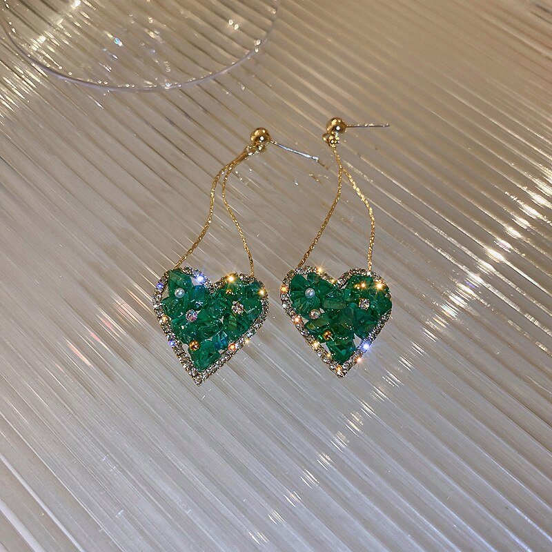 Korea Design Jewelry Sweet Green Love Heart Crystal Pendant Earrings  Women's Gala Party Accessories