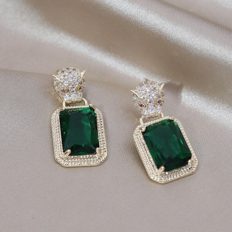 Korea Design Jewelry Zircon Leopard Square Crystal Pendant Earrings Elegant Women's Daily Work Accessories