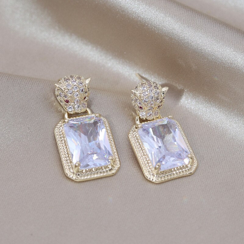 Korea Design Jewelry Zircon Leopard Square Crystal Pendant Earrings Elegant Women's Daily Work Accessories