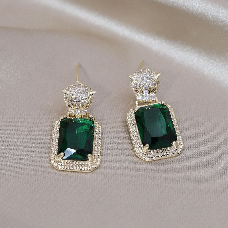 Korea Design Jewelry Zircon Leopard Square Crystal Pendant Earrings Elegant Women's Daily Work Accessories