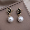 Korea Jewelry 14K Gold plated  Zircon Black Camellia Pearl Pendant Earrings Elegant Women's Daily Accessories