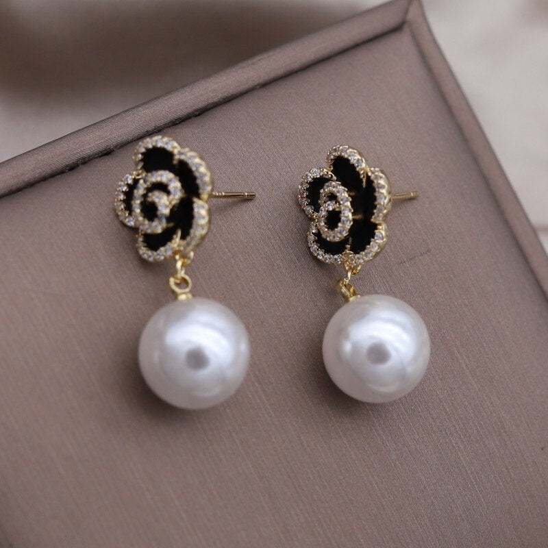 Korea Jewelry 14K Gold plated  Zircon Black Camellia Pearl Pendant Earrings Elegant Women's Daily Accessories