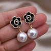 Korea Jewelry 14K Gold plated  Zircon Black Camellia Pearl Pendant Earrings Elegant Women's Daily Accessories
