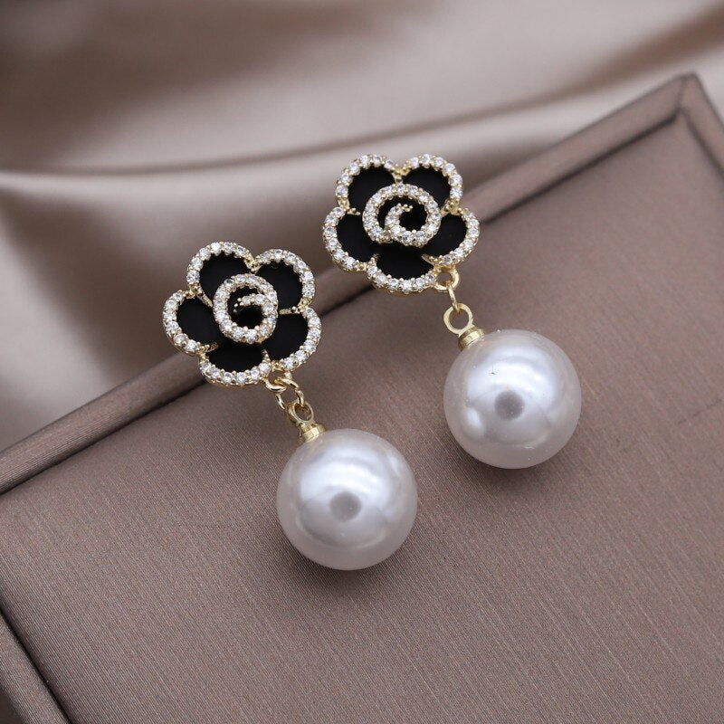 Korea Jewelry 14K Gold plated  Zircon Black Camellia Pearl Pendant Earrings Elegant Women's Daily Accessories