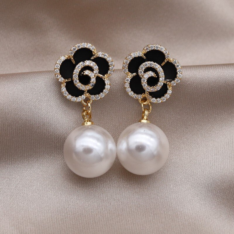 Korea Jewelry 14K Gold plated  Zircon Black Camellia Pearl Pendant Earrings Elegant Women's Daily Accessories